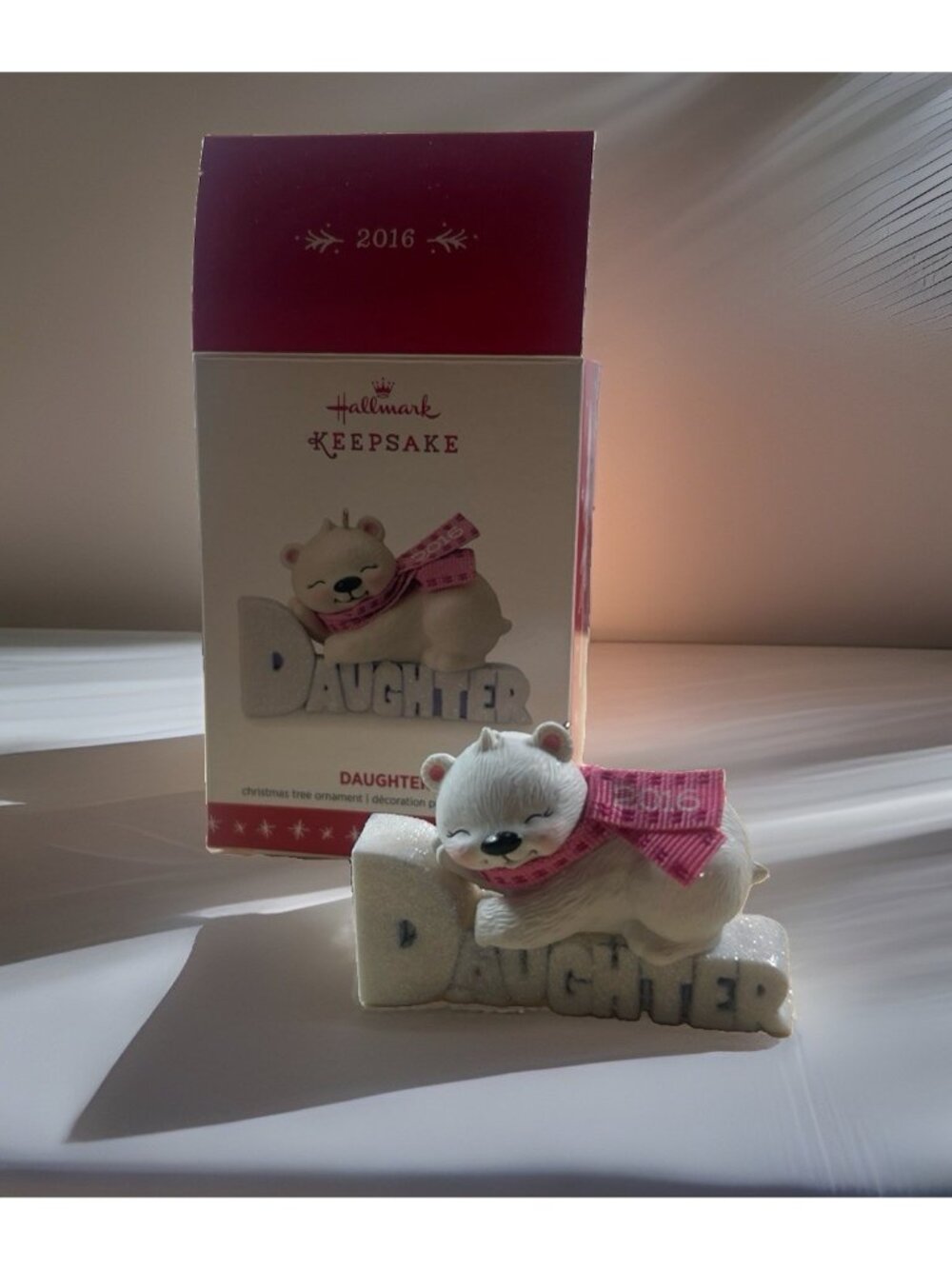 Hallmark Keepsake Daughter Polar Bear Christmas Ornament 2016 pink Scarf In box